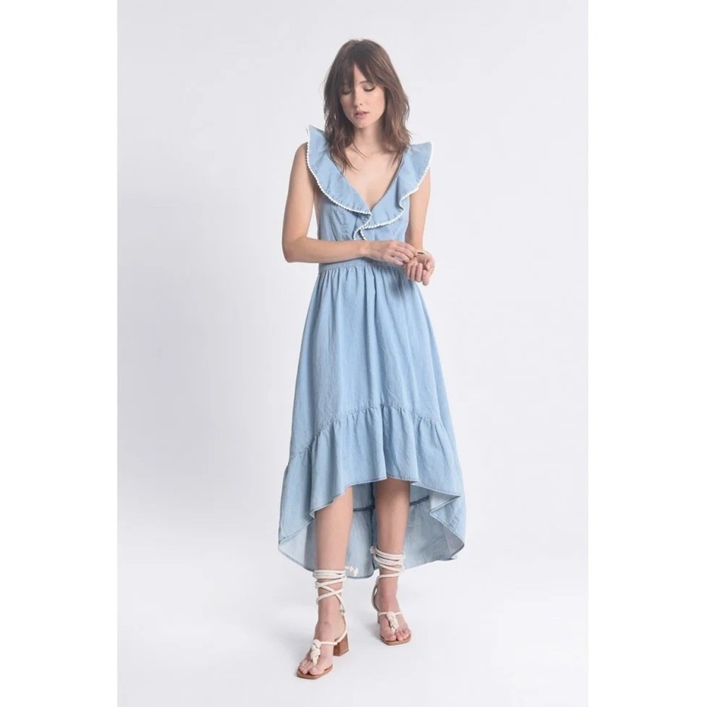 Molly Bracken Chambray Large Hi Low Midi Dress Feminine Cottage Summer Deep‎ V